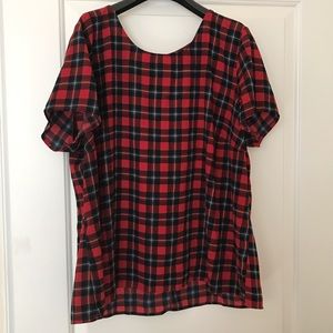 Plaid Short-Sleeve Blouse with Exposed Zipper
